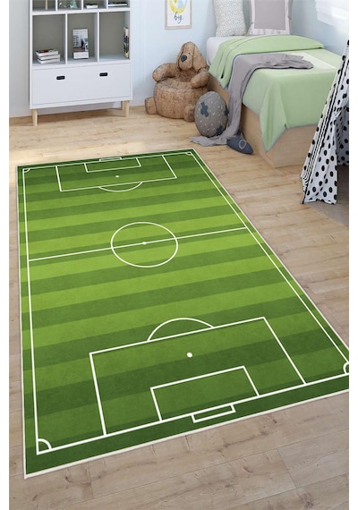 Futbol Sahası Desenli Yıkanabilir Kaymaz Taban Çocuk Oyun Halısı Yeşil