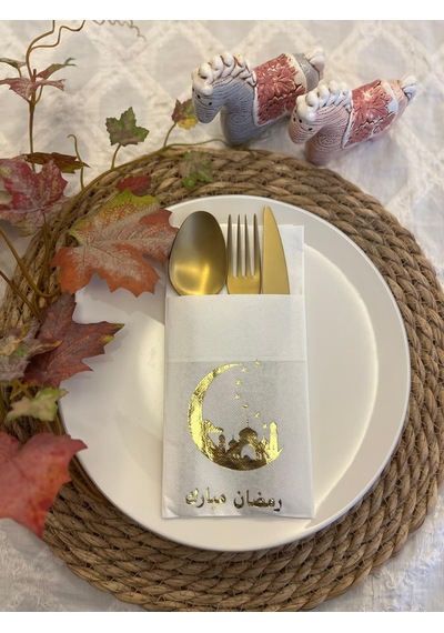 Gold Yaldızlı Beyaz Arapça Ay Desenli Ramadan Mübarek Cepli Peçete 12 Lı 40x40