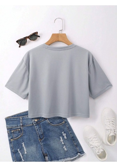 Paris City Of Love Baskılı Kadın Crop Boyama Gri T-shirt Gri-280993