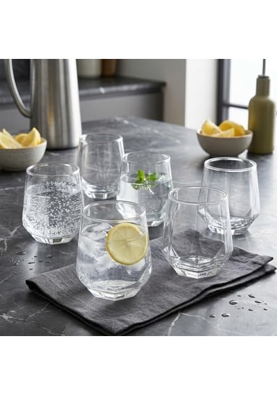 6&apos Lı Geometrik Cam Su Ve Meşrubat Bardağı Seti - Modern Kesim Kahve Yanı Bardağı 340 Ml Açık Kırmızı