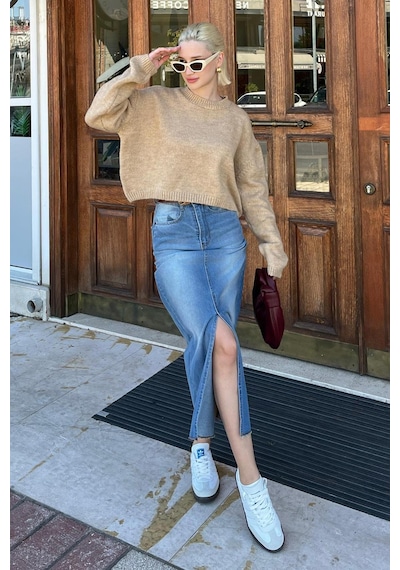 Madmext Bej Bisiklet Yaka Crop Kadın Kazak Mg2166 Bej