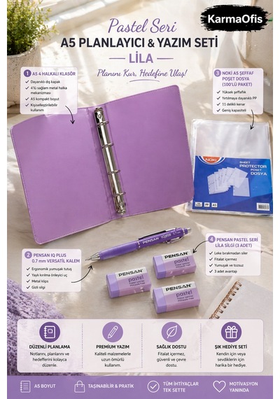 Pastel Lila Seri A5 Planlayıcı Ve Yazım Seti 4 Halkalı Klasör, Versatil Kalem, Silgi Ve Şeffaf Dosya Lila