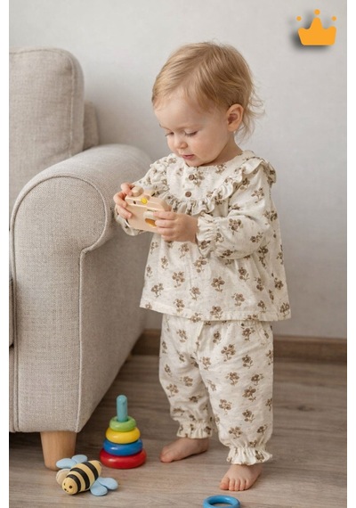 Babyhola Kız Bebek Bayramlık Takım Fırfır Yakalı Çiçek Desenli Müslin İkili Set 2010 Bej