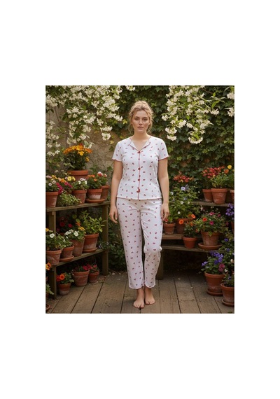 Siyah İnci Beden Fitilli Kaşkorse Örme Pijama Takım26120851 Beyaz Kiraz