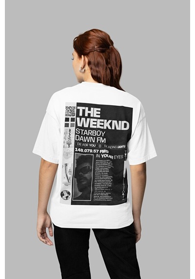 Sevbano The Weeknd Starboy Dawn Fm Baskılı Unisex Oversize Rapper Tişört Beyaz