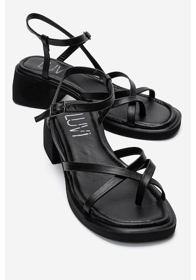 Luvi Shoes Cırelle Siyah Hakiki Deri Parmak Arası Kadın Kalın Topuklu Sandalet