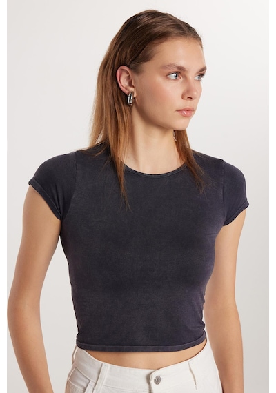 Tudors Kadın Slim Fit Dar Kesim Düz Basic Bisiklet Yaka Antrasit Tişört-33682 Antrasit
