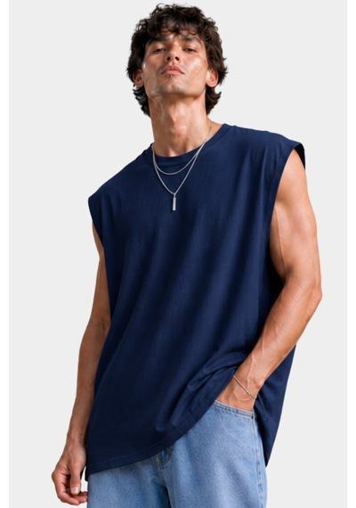 Thiff Erkek Oversize Kolsuz T-shirt Tişört Atlet Lacivert