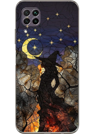 Printify Huawei P40 Lite İle Uyumlu Vitray Cadı Saati Tasarımlı Şeffaf Silikon Kılıf Şeffaf