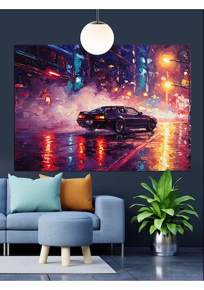 Neon Gece Arabası Dekoratif Kanvas - Mdf Ahşap Tablo