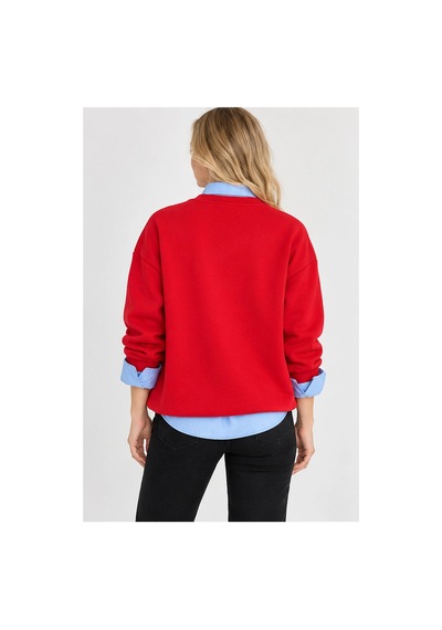 Mevese Kadın Beyaz Teddy Nakışlı Bisiklet Yaka Sweatshirt - Peluş Kabartma Nakış Detaylı Rahat Kesim Sweat- Kırmızı
