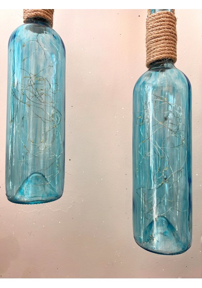 El Figürlü Duvar Lambası Pilli Led Işıklı Dekoratif Mavi Boyalı Cam Şişe Aydınlatma Vintage El Y Mavi