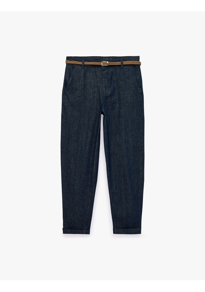 Koton Kemerli Yüksek Bel Rahat Kalıp Chino Denim Pantolon Koyu İndigo 7wal40049md Indigo