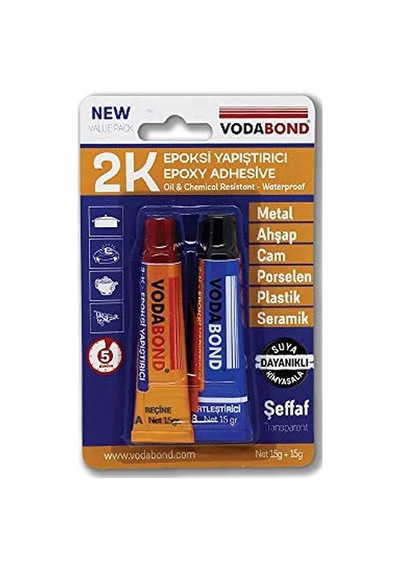 Vodabond 53.03.030 Rapid Epoxy Yapıştırıcı, 30g, Şeffaf, Plastik, Metal, Seramik, Porselen, Cam, Ahşap
