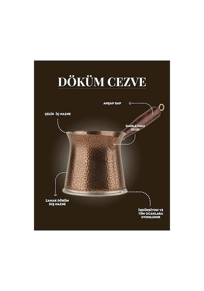Telveli 5 Kişilik Ahşap Saplı Döküm Cezve - İndüksiyonlu Ocaklara Uyumlu 300 Ml - Bakır