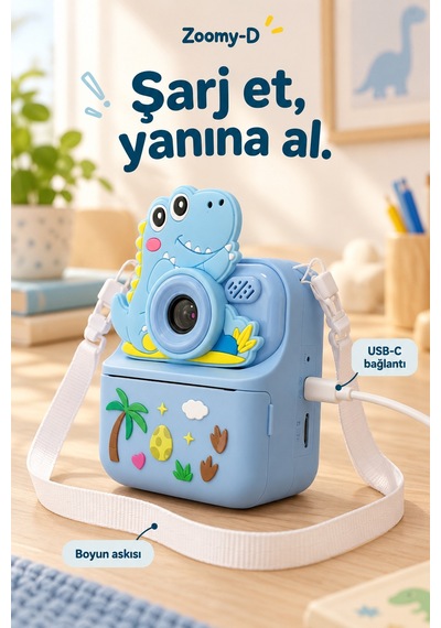 Kj/zm-002 Zoomy-d Dinozor Figürlü Anında Baskılı Çocuk Fotoğraf Makinesi, Çift Kamera, 2,4 İnç Ekran, 1080p Video, 3+ Yaş Mavi
