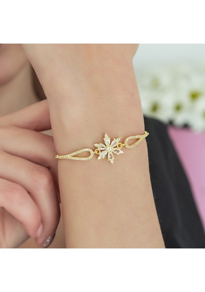 Nereze 925 Ayar Kelepçe Model Gold Beyaz Çiçek Bileklik Kadın Gümüş Bileklik