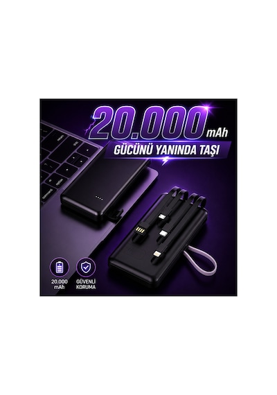20.000 Mah Tüm Cihazlara Uyumlu Kendinden 4 Kablolu Dijital Ekranlı Telefon Standlı Powerbank Koruma Kılıf li siyah