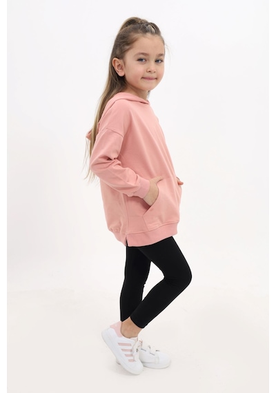 Toontoy Kids Toontoy Kız Çocuk 2'li Takım Baskılı Kapüşonlu Düşük Omuz Cepli Yırtmaçlı Sweatshirt & Basic Düz Tayt Mercan