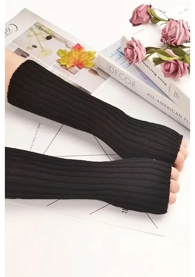Moibody %100 Akrilik Premium Triko Örgü Hand Warmer El Isıtıcı Kolluk Eldiven Siyah Siyah