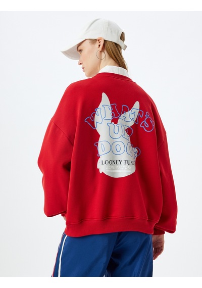 Koton Bugs Bunny Oversize Sweatshirt Arkası Baskılı Şardonlu Lisanslı Kırmızı 5wal10608ık Kırmızı