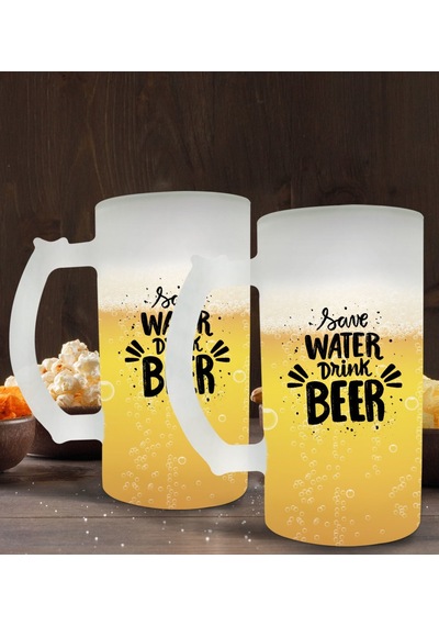 Bk Gift Save Water Drink Beer Tasarımlı 2’li Buzlu Cam Bira Bardağı