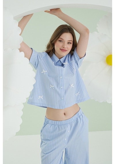 Nbb Kadın Mavi Kurdele Önden Düğmeli Pijama Takım Mavi