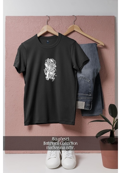 Oversize Çin Beyaz Kaplanı Tasarımlı Unisex T-shirt Siyah