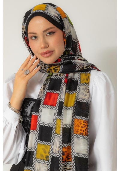 Mimiyum Soft Şal Zincir Leopar Haki Siyah Çok Renkli