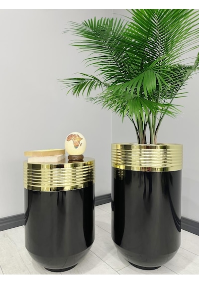 Elegant Dekoratif Gold Darbuka Parlak Siyah Saksı 70cm + Sehpa 60cm İkili Set