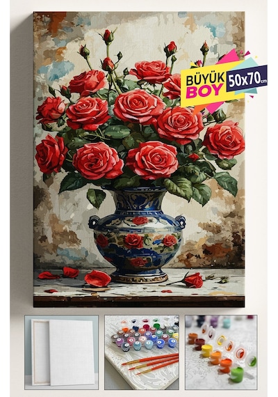 Sayılarla Boyama Seti Numaralı Tuval Fırça Boya Dahil Kasnaklı Set 50x70 Cm - Kırmızı Vazo Gül