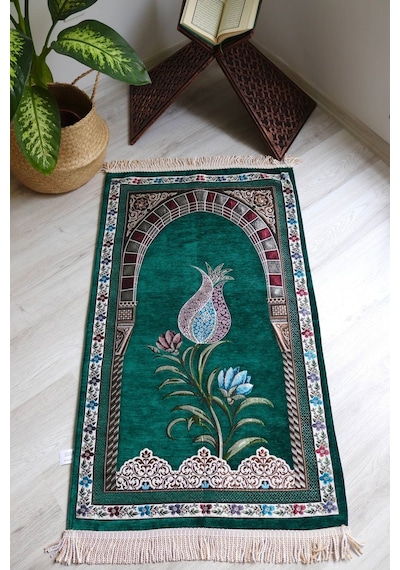 Lale Desenli Astarlı Lüks Seccade S1002 Gri Yeşil