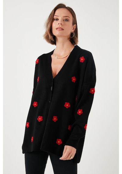 Lela Oversize Fit Çiçekli Düğmeli V Yaka Soft Akrilik Bayan Hırka 4616192 Siyah