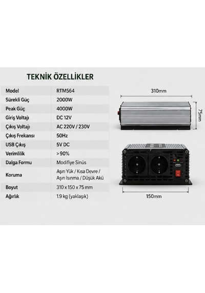 Rtrmax Rtm564 12v 2000w / 4000w Power Inverter Çevirici Usb Çıkışlı