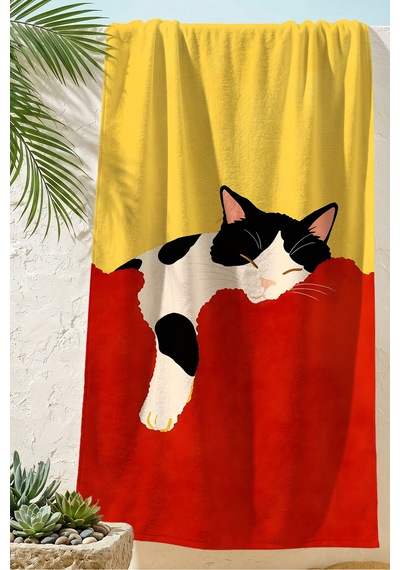 Kedi Temalı Plaj Havlusu-sarı Kırmızı Minimal Sanatsal Havuz Deniz Banyo Hızlı Kuruyan Sahil Örtüsü Ayaz Çayı