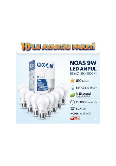 Noas 9w Led Ampul 10lu Paket Beyaz Işık E27 Duy 810lm Yl95-9011