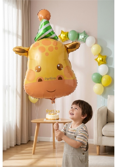 Şapkalı Safari Zürafa Kafa Folyo Balon 80x56 Cm Safari Temalı Çocuk Doğum Günü Parti Süsü Çok Renkli