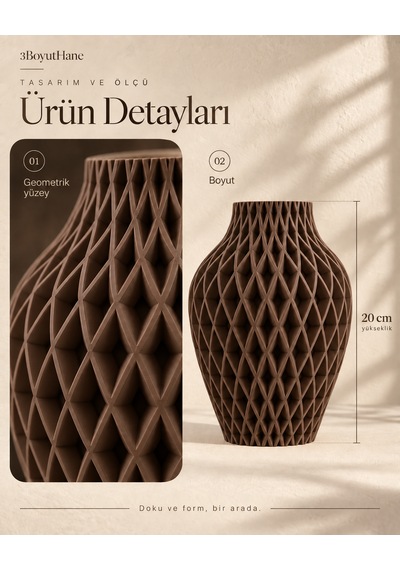 Baklava Desenli Dekoratif Vazo 20 Cm Kuru Çiçeklik Kahverengi