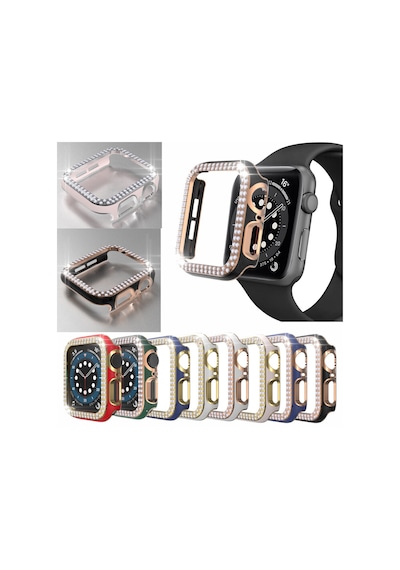Apple Uyumlu  Watch 5 6 44 MM Çift Sıra Parlak Taşlı Rubber Kasa Ka