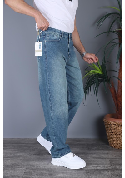 Felvıno Erkek Yıkamalı Baggy Bol Kesim Kot Pantolon Orta Mavi