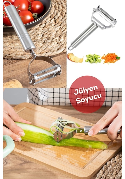 16563-11 Paslanmaz Çelik Inox Meyve Sebze Soyacak Çok Amaçlı Jülyen Dilimleyici Gümüş
