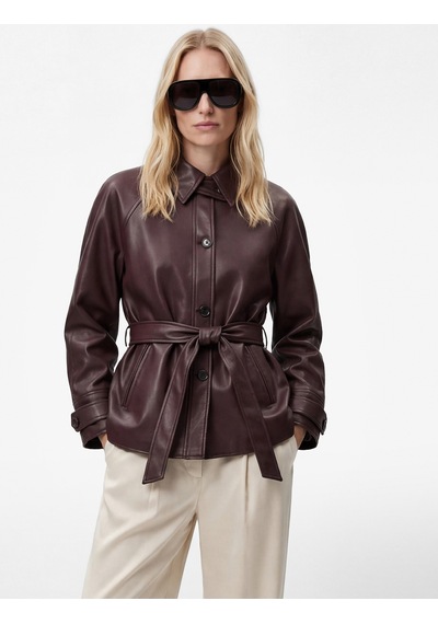 Koton Uzun Kollu Cepli Kemerli Oversize Suni Deri Ceket Bordo 6sak20108ew