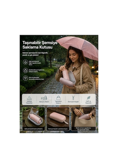 Panorama Katlanabilir Şemsiye Siyah, Mavi Ve Pembe Renk Seçenekli Fermuarlı Koruyucu Taşıma Kutulu Kompakt Şemsiye Pembe