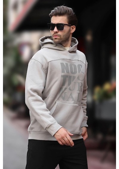 Madmext Boyalı Gri Baskılı Kapüşonlu Cep Detaylı Erkek Sweatshirt 7062 Gri