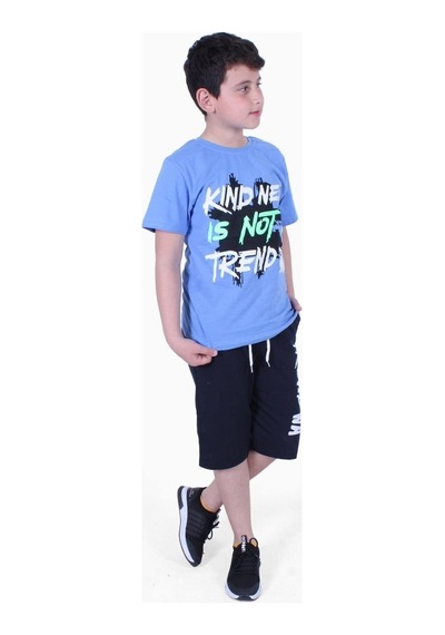 Fyk Kids Kind Nes-trend Wa Yazı Baskılı Erkek Çocuk Kapri Takım Mavi