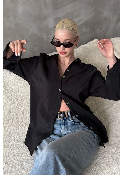 Madmext Siyah Kırışık Desen Kadın Gömlek Mg2313 Siyah
