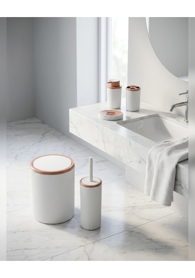 Beyaz Çizgili 5 Parça Banyo Seti Çöp Kovası Klozet Fırçası Sıvı Sabunluk Diş Fırçalık Sabunluk