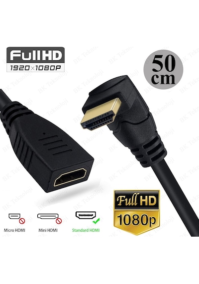 90 Derece L Tipi Açılı HDMI Erkek-Dişi Uzatma Kablosu 50cm