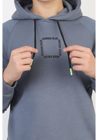 Kapüşonlu Fermuarlı Cepli Erkek Çocuk Sweatshirt-90916 İndigo
