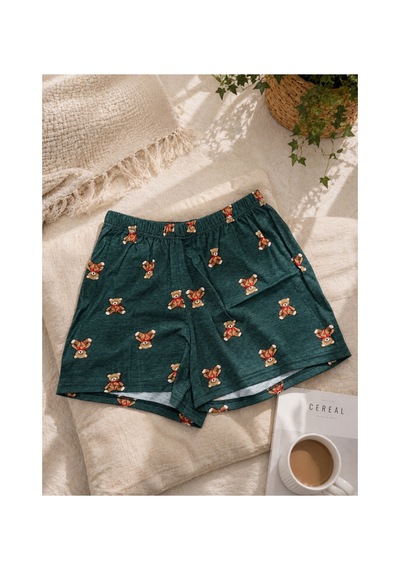 Uğur Bebe Mihra %100 Pamuk Kadın Şortlu Pijama Takımı Ayıcık Baskılı Kısa Kollu Yazlık Rahat Ev Giyim Beyaz Beyaz